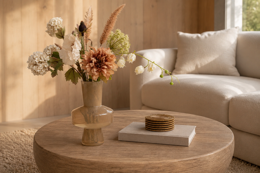 Stijlvol gestylde salontafel met beige vaas, bloemen, luxe tafelboek en handgemaakte gouden kralen onderzetters in een modern beige interieur.