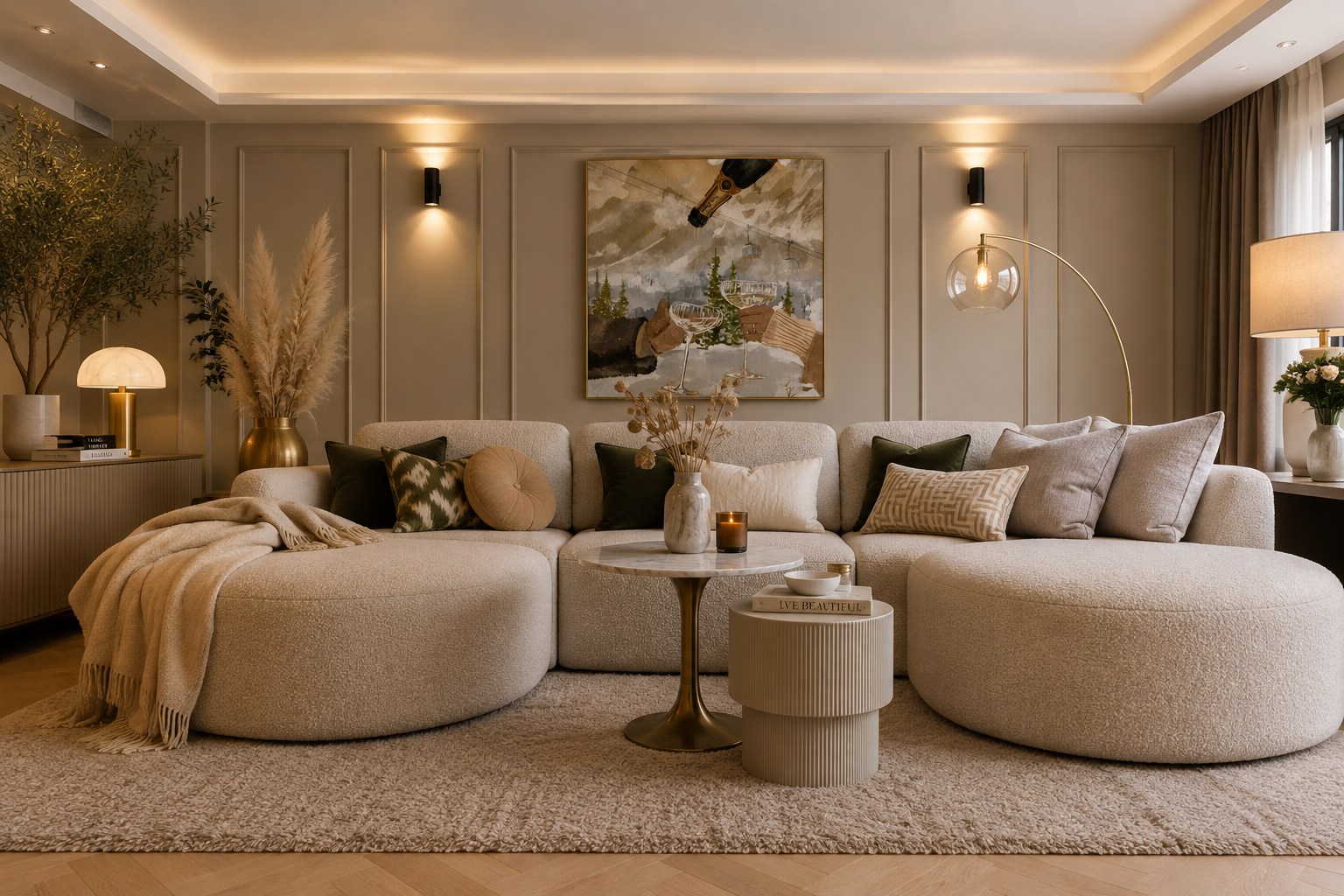 Hotel chique woonkamer in beige tinten met luxe bouclé bank, gouden details, sfeervolle verlichting en elegant schilderij aan de wand.