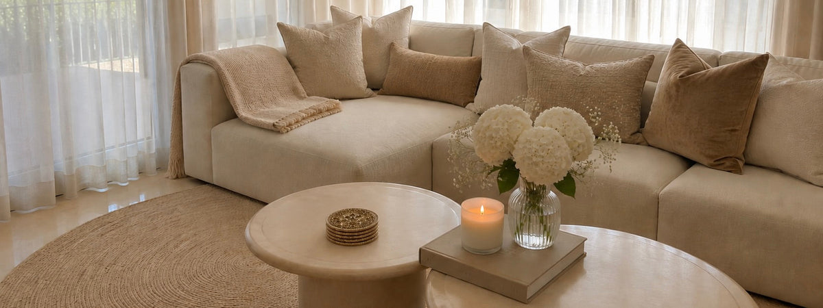 Handgemaakte onderzetters als woonaccessoire op een luxe beige salontafel in een stijlvolle woonkamer.