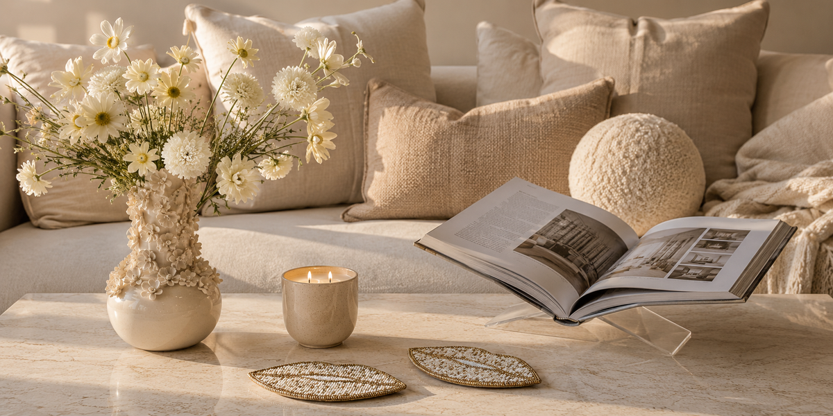 Handgemaakte kralen onderzetters van My Marble op een luxe gestylde salontafel.