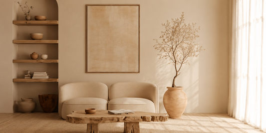 Beige Japandi interieur met houten salontafel en neutrale woonaccessoires.