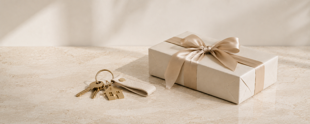 Luxe housewarming cadeau met huissleutel en huisvormige sleutelhanger op een lichte ondergrond.